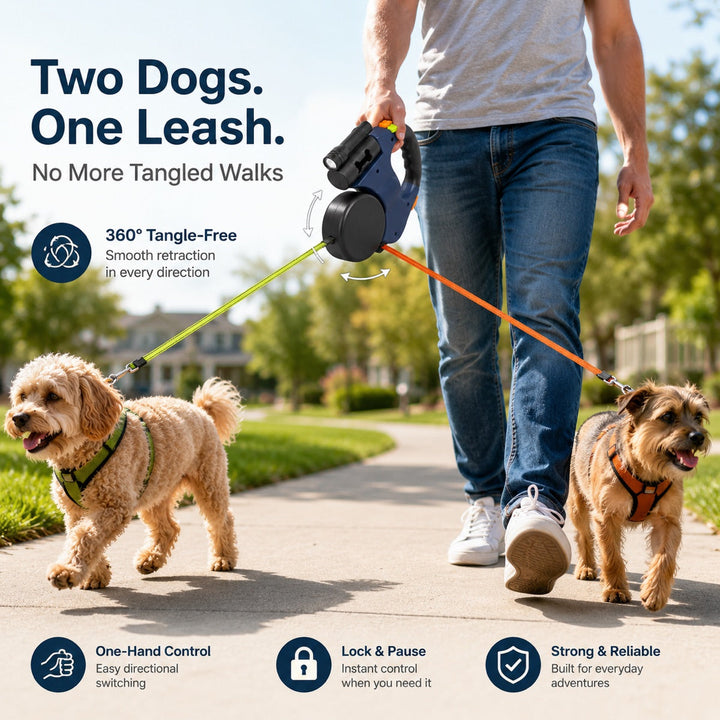 Dual Dog Leash | 360° Tangle-Free Retractable with LED Light & Built-In Poop Bag Holder