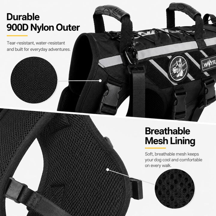 Outdoor Dog Harness & Bungee Leash Set with Dual Handles, Storage Pouch & Patch Accessories for Hiking, Walking and Ever