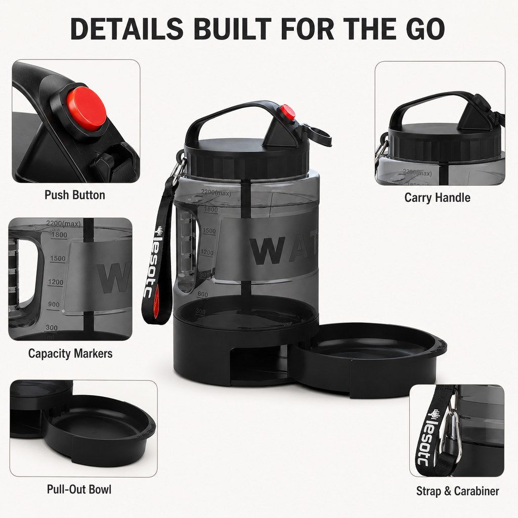 2.2L Portable Dog Travel Water Bottle with Pull-Out Bowl