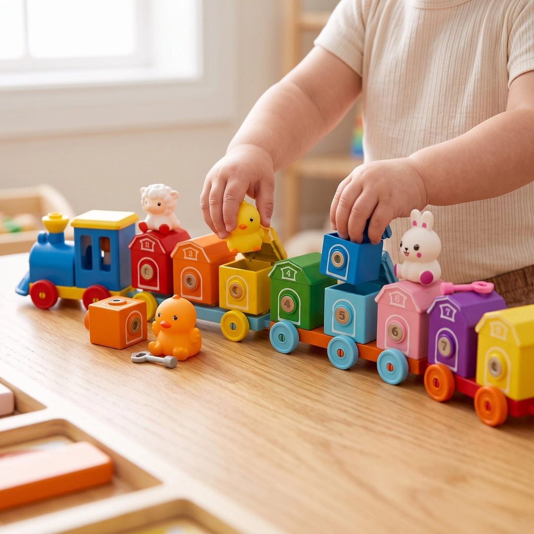 Educational Montessori Farm Train Toy with Animal Matching and Number Learning