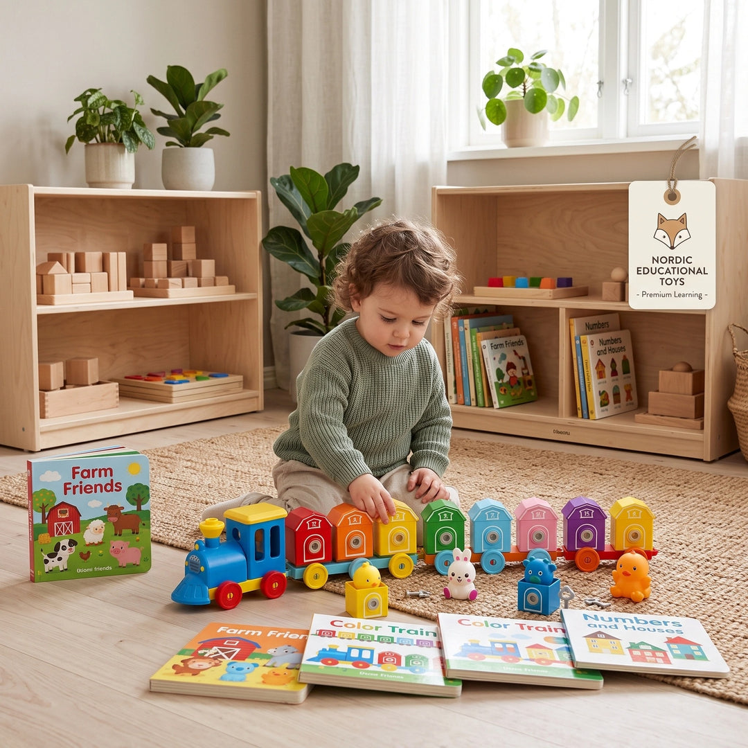 Educational Montessori Farm Train Toy with Animal Matching and Number Learning