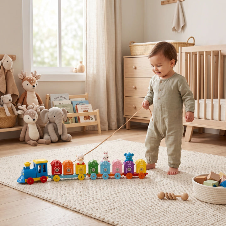 Educational Montessori Farm Train Toy with Animal Matching and Number Learning