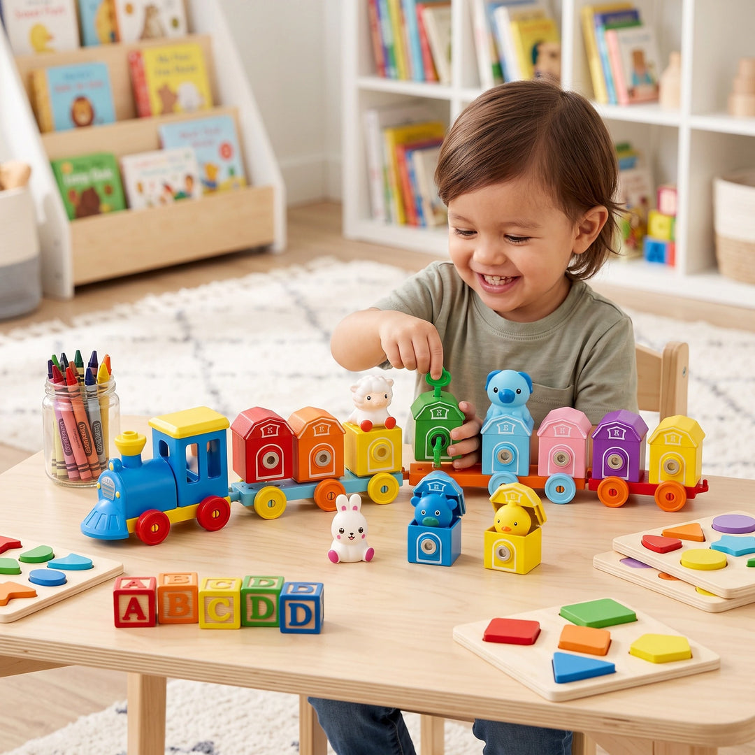 Educational Montessori Farm Train Toy with Animal Matching and Number Learning