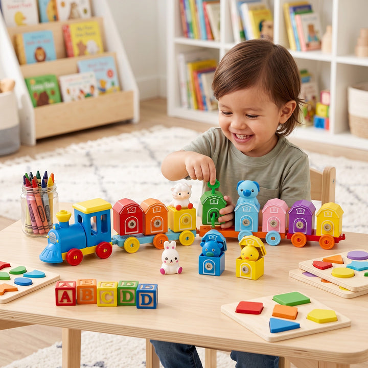 Educational Montessori Farm Train Toy with Animal Matching and Number Learning