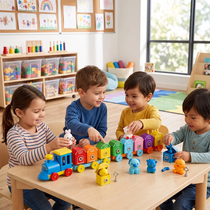 Educational Montessori Farm Train Toy with Animal Matching and Number Learning