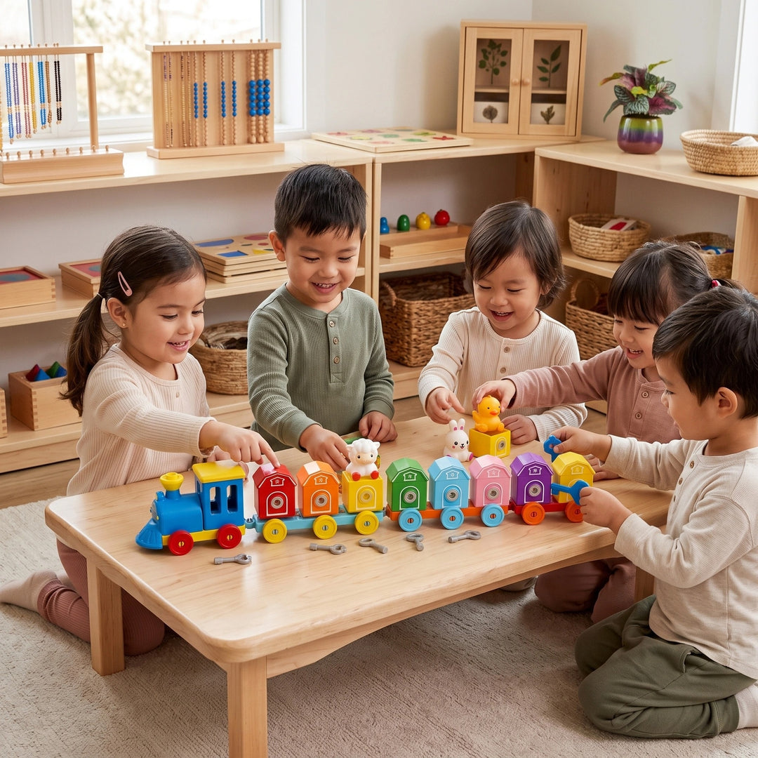 Educational Montessori Farm Train Toy with Animal Matching and Number Learning