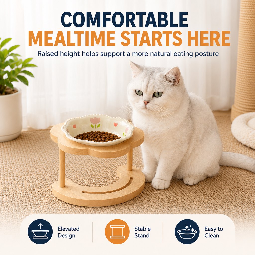 Elevated Ceramic Pet Bowl with Wooden Stand for Cats & Small Dogs