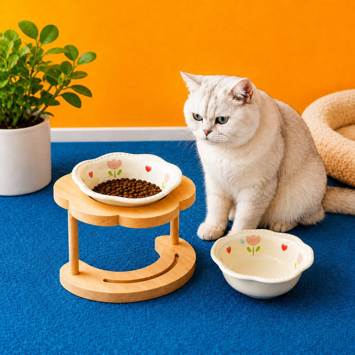 Elevated Ceramic Pet Bowl with Wooden Stand for Cats & Small Dogs