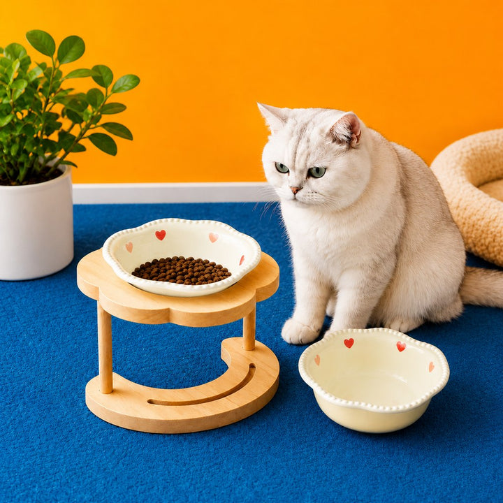Elevated Ceramic Pet Bowl with Wooden Stand for Cats & Small Dogs