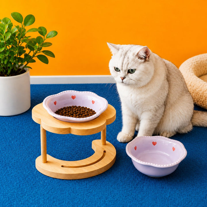 Elevated Ceramic Pet Bowl with Wooden Stand for Cats & Small Dogs