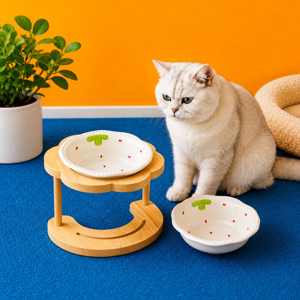 Elevated Ceramic Pet Bowl with Wooden Stand for Cats & Small Dogs