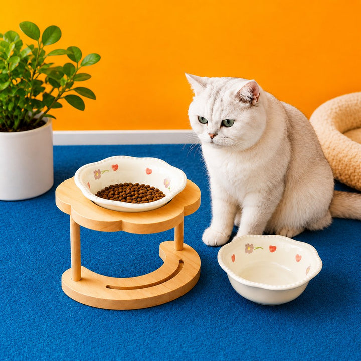 Elevated Ceramic Pet Bowl with Wooden Stand for Cats & Small Dogs