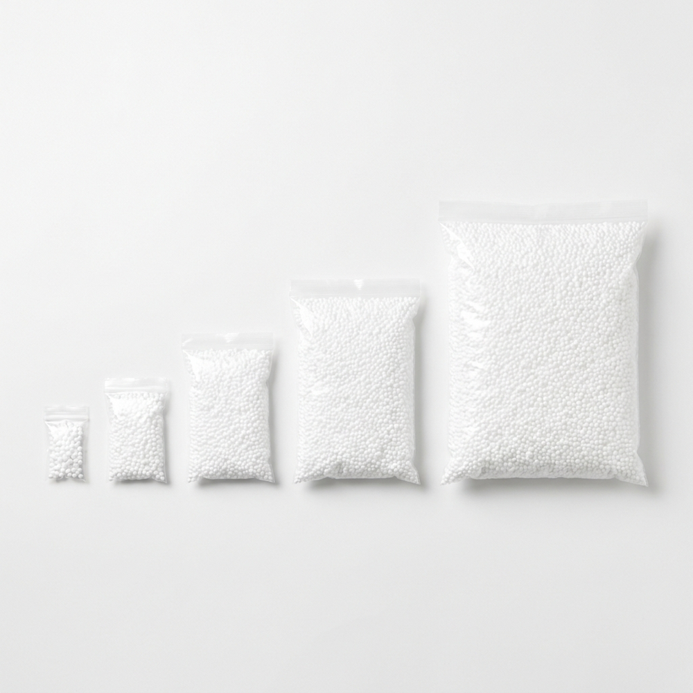 Five bag sizes of EPS bean bag filling beads, from a 30 litre top-up to 600 litres