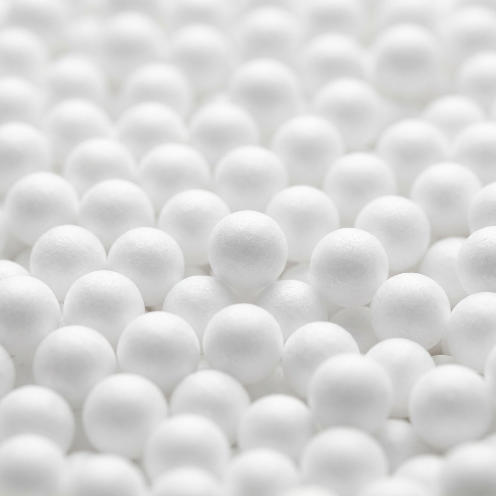 Macro close-up of round white expanded polystyrene refill beads