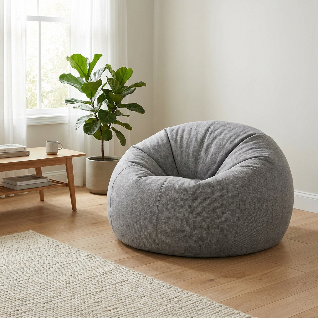 Grey bean bag chair, full and plump after refilling, in a bright living room