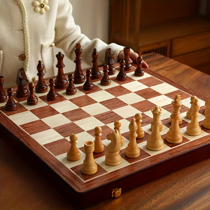 Folding Wooden Chess Set | Walnut Board with Weighted Pieces