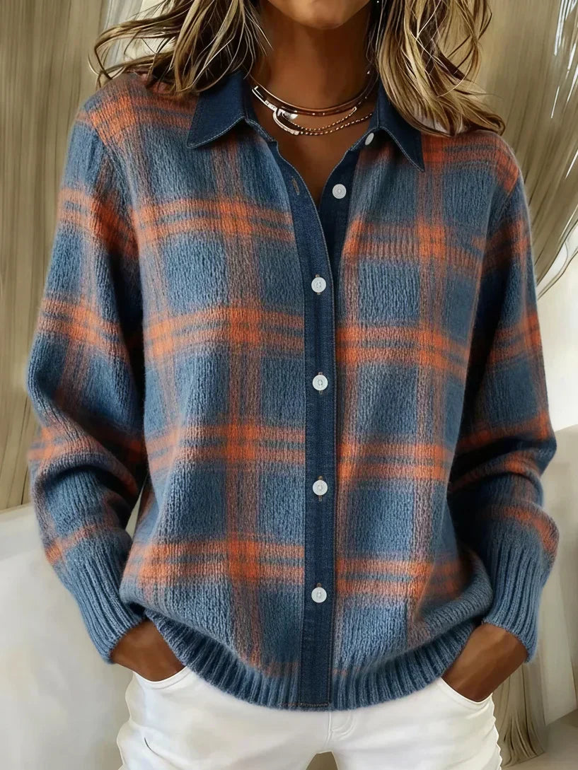 Women's Longline Button-Front Cardigan in Blue and Orange