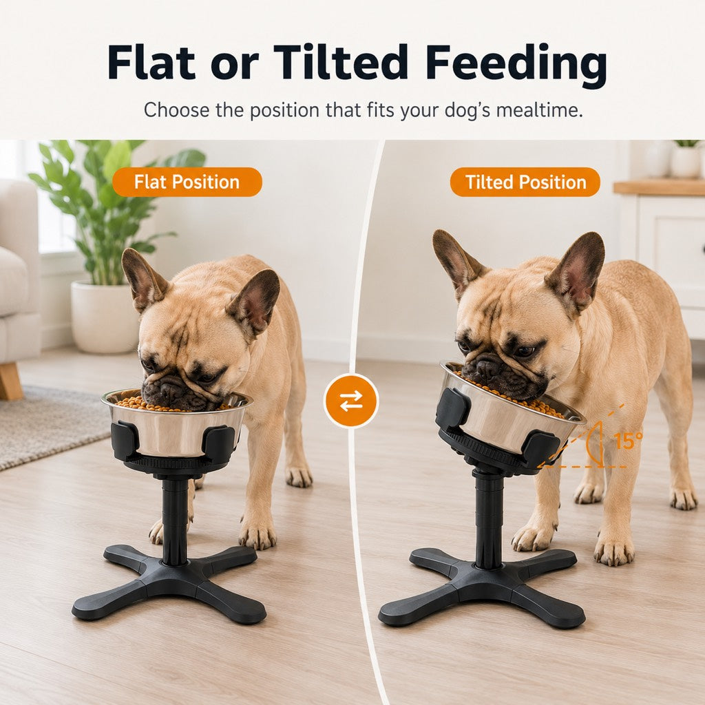 French Bulldog Adjustable Elevated Tilted Dog Bowl for Kitchen Feeding Corners