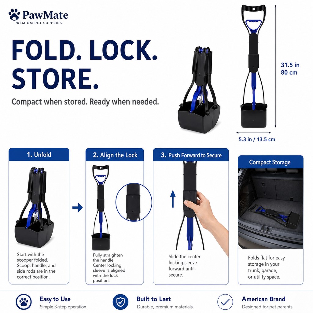 Foldable Long-Handle Dog Pooper Scooper for Yard & Walks | One-Hand Bag-Lined Pickup