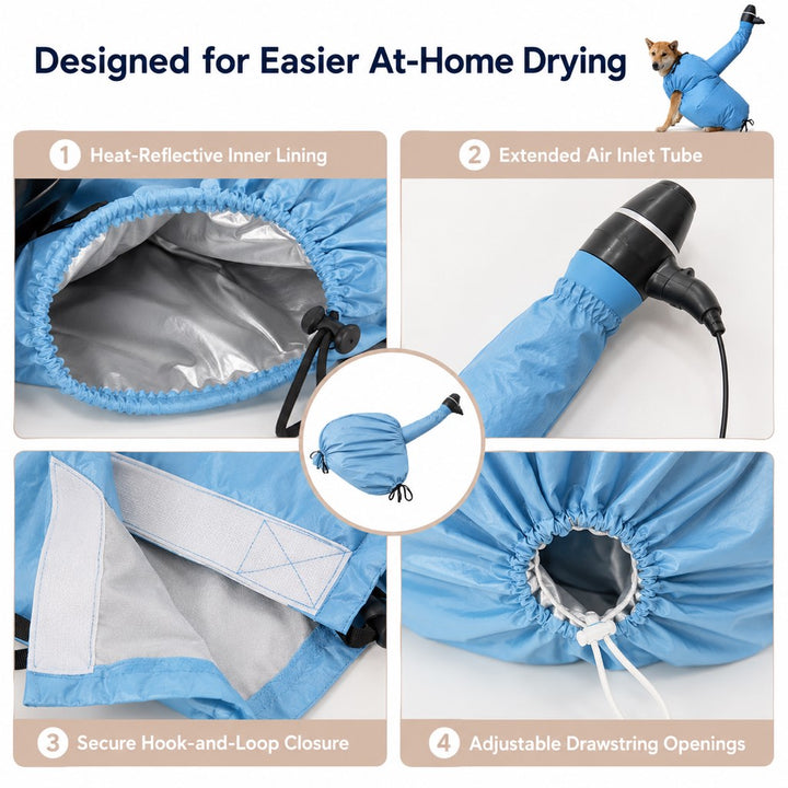 Hands-Free Dog Dryer Bag for After-Bath Home Grooming, Helps Dry Wet Coats Faster with Less Flying Fur & Mess