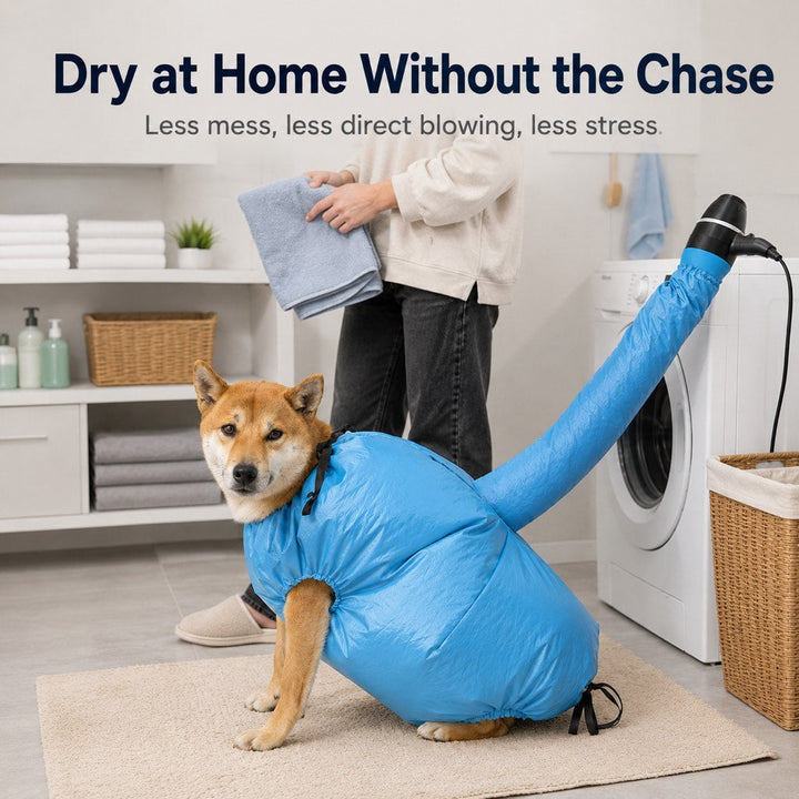 Hands-Free Dog Dryer Bag for After-Bath Home Grooming, Helps Dry Wet Coats Faster with Less Flying Fur & Mess