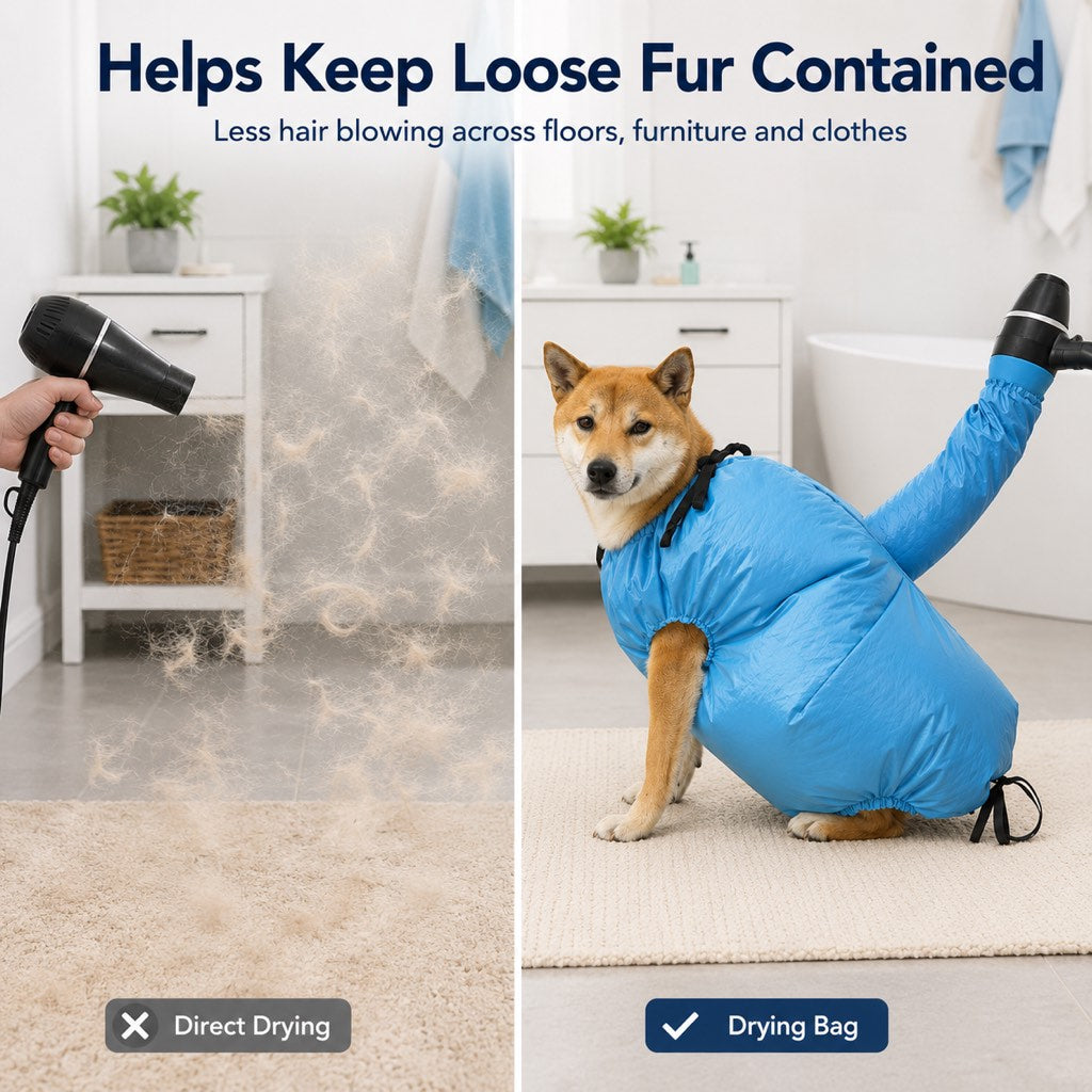 Hands-Free Dog Dryer Bag for After-Bath Home Grooming, Helps Dry Wet Coats Faster with Less Flying Fur & Mess