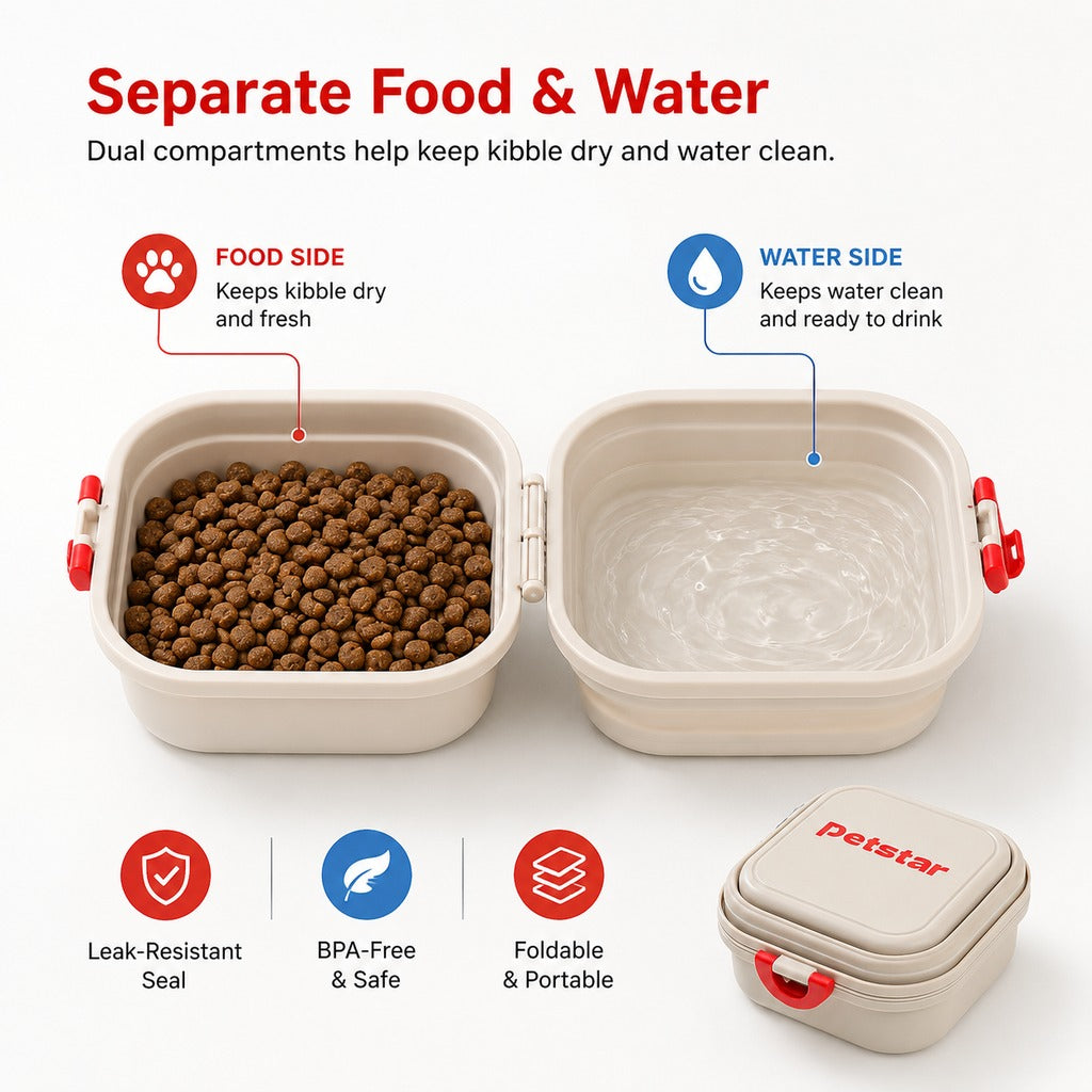 Portable 2-in-1 Folding Pet Bowl for Walks & Travel | Keeps Food and Water Separate