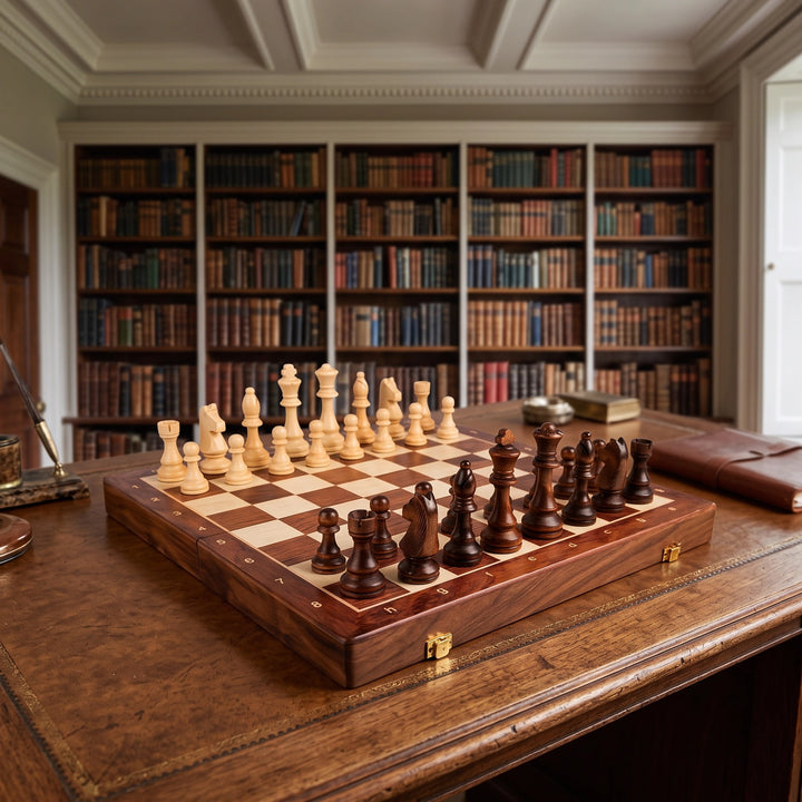 Folding Walnut Wood Chess Set with Weighted Pieces and Internal Storage