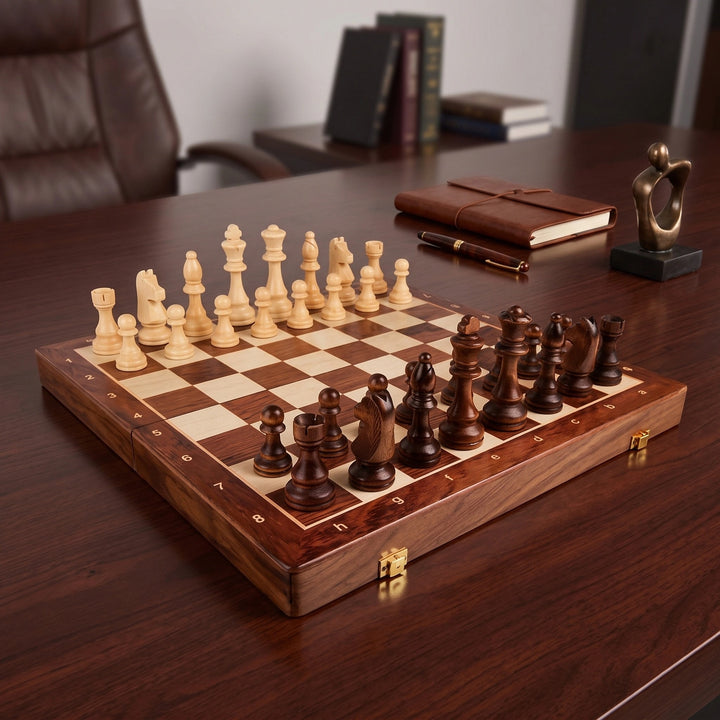 Folding Walnut Wood Chess Set with Weighted Pieces and Internal Storage