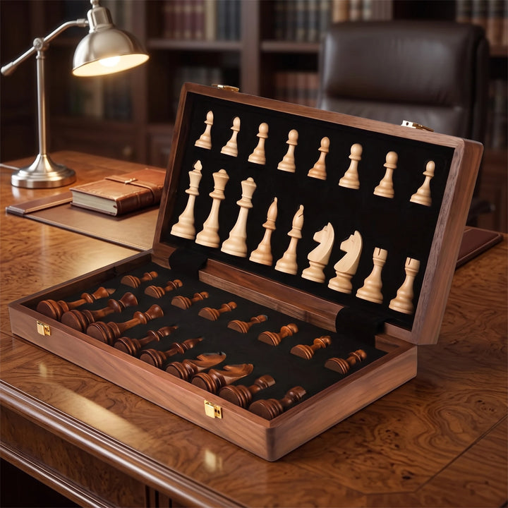 Folding Walnut Wood Chess Set with Weighted Pieces and Internal Storage