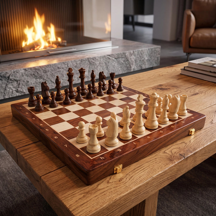 Folding Walnut Wood Chess Set with Weighted Pieces and Internal Storage