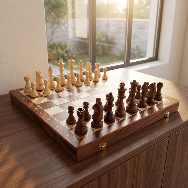 Folding Walnut Wood Chess Set with Weighted Pieces and Internal Storage