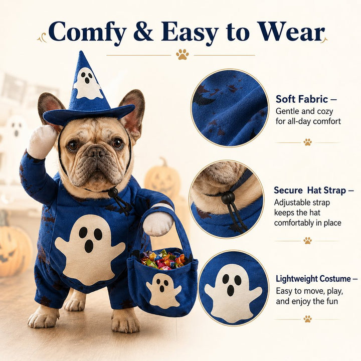 Glow-in-the-Dark Ghost Wizard Dog Costume with Hat & Treat Bag, Halloween Pet Outfit for Trick-or-Treat, Parties, Photos