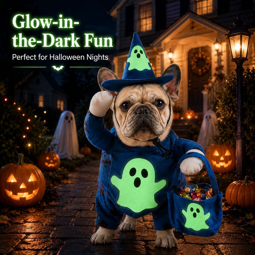 Glow-in-the-Dark Ghost Wizard Dog Costume with Hat & Treat Bag, Halloween Pet Outfit for Trick-or-Treat, Parties, Photos