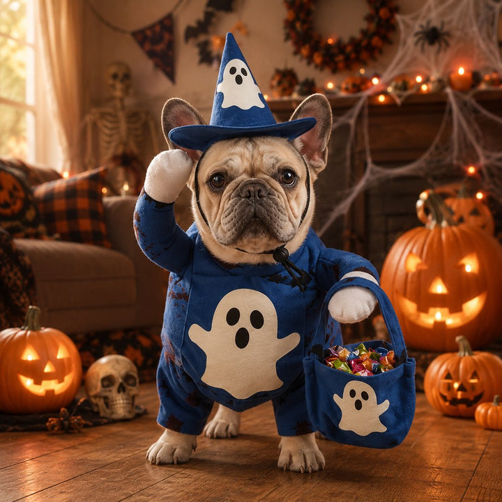 Glow-in-the-Dark Ghost Wizard Dog Costume with Hat & Treat Bag, Halloween Pet Outfit for Trick-or-Treat, Parties, Photos