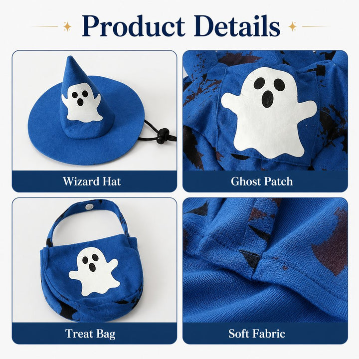 Glow-in-the-Dark Ghost Wizard Dog Costume with Hat & Treat Bag, Halloween Pet Outfit for Trick-or-Treat, Parties, Photos