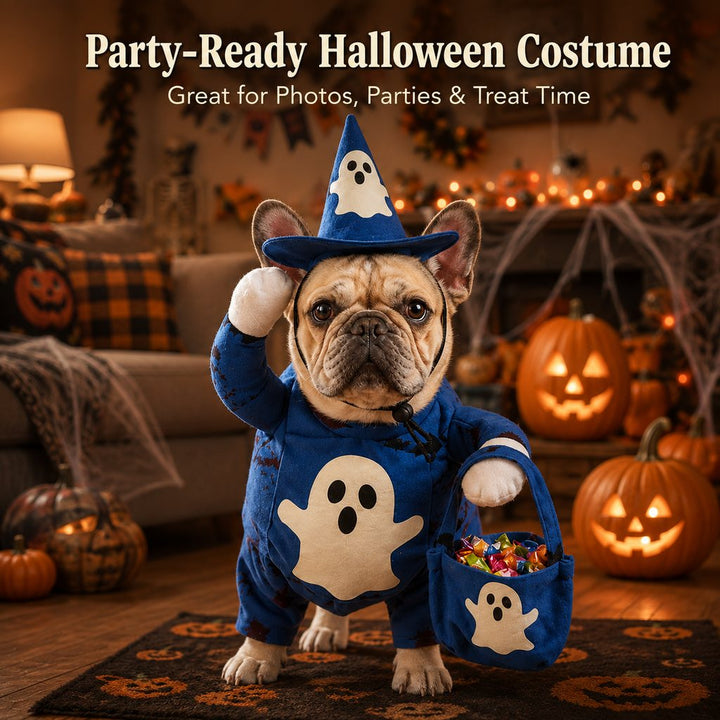 Glow-in-the-Dark Ghost Wizard Dog Costume with Hat & Treat Bag, Halloween Pet Outfit for Trick-or-Treat, Parties, Photos