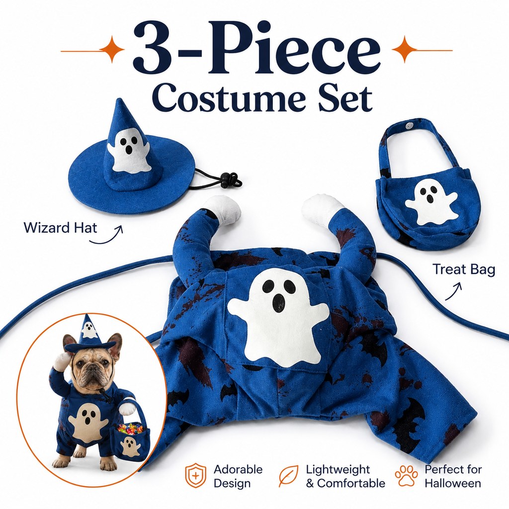 Glow-in-the-Dark Ghost Wizard Dog Costume with Hat & Treat Bag, Halloween Pet Outfit for Trick-or-Treat, Parties, Photos