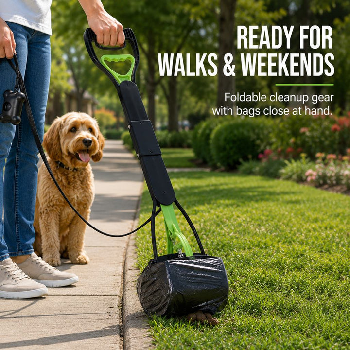Foldable Long-Handle Dog Pooper Scooper for Yard & Walks | One-Hand Bag-Lined Pickup