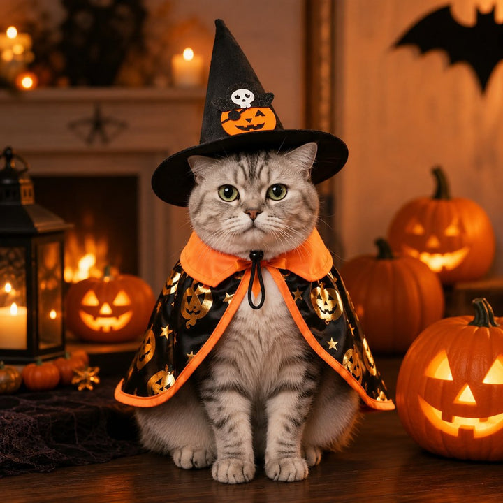 Halloween Cat Witch Hat & Cape Costume Set for Party Photos | Easy Festive Look for Cats