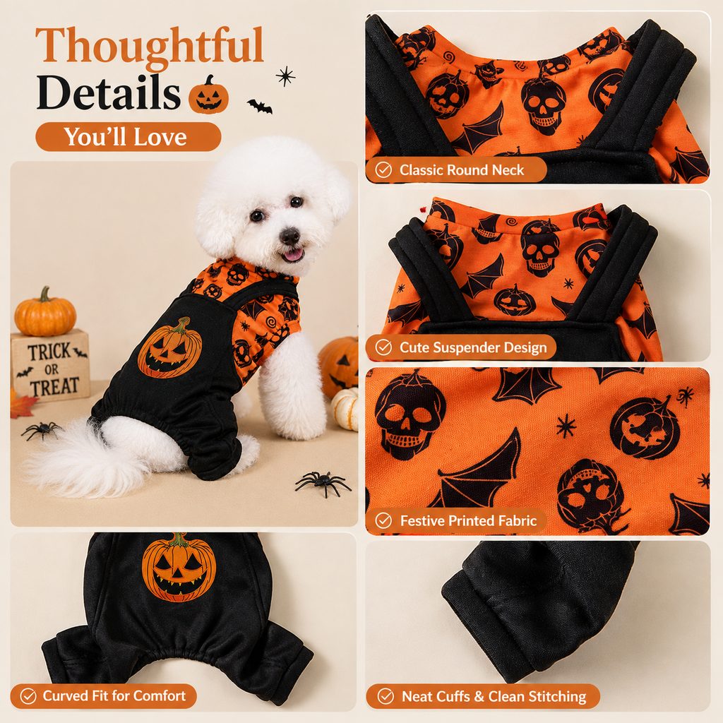 Halloween Dog Jumpsuit for Parties & Photos | Soft Pumpkin Pet Costume