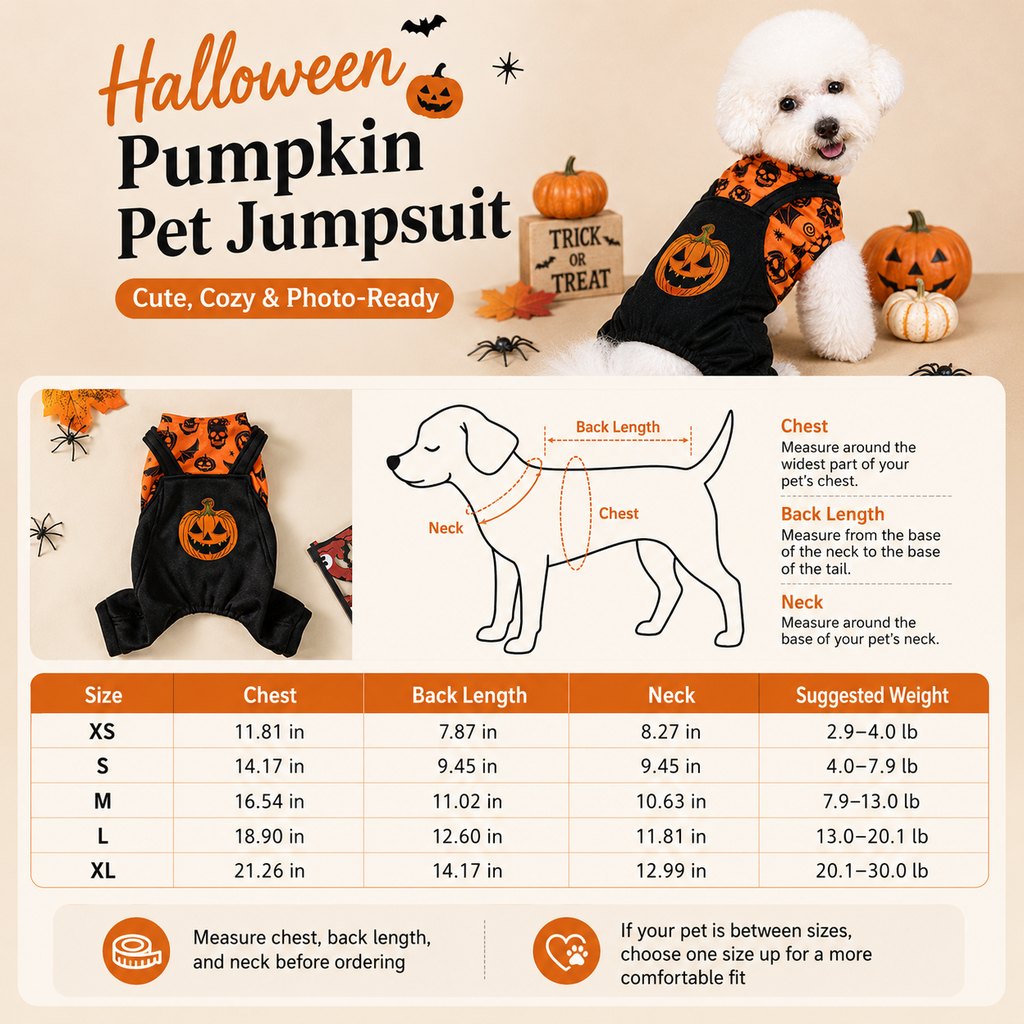 Halloween Dog Jumpsuit for Parties & Photos | Soft Pumpkin Pet Costume