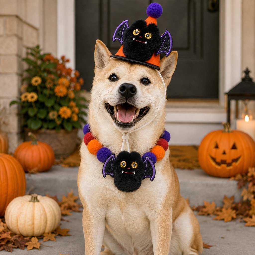 Halloween Pet Hat & Pom-Pom Collar Set for Dogs & Cats