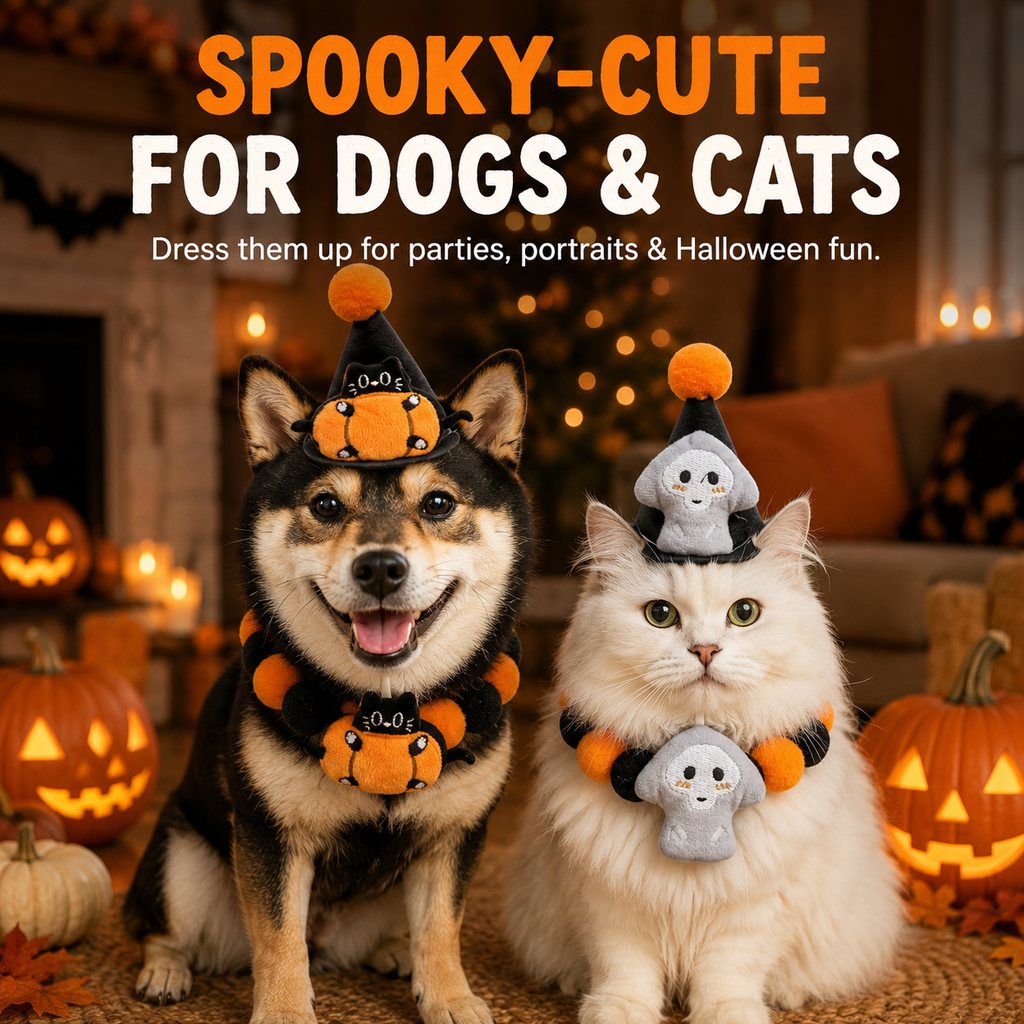 Halloween Pet Hat & Pom-Pom Collar Set for Dogs & Cats