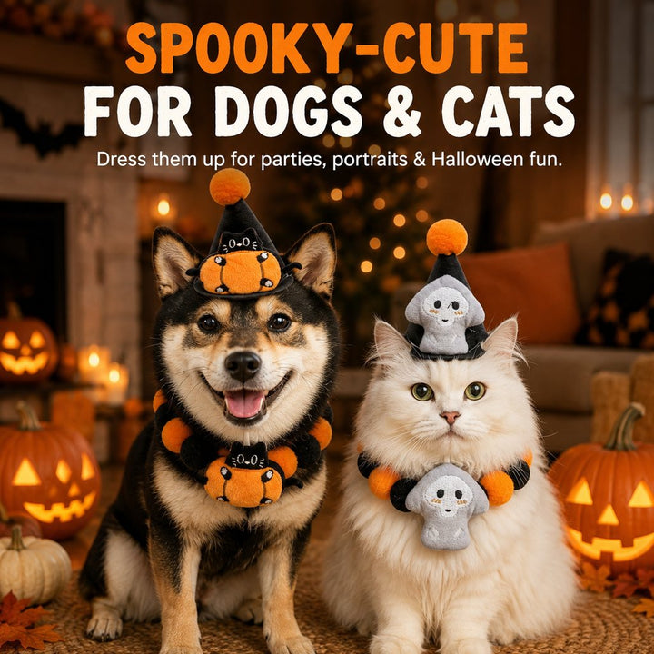 Halloween Pet Hat & Pom-Pom Collar Set for Dogs & Cats