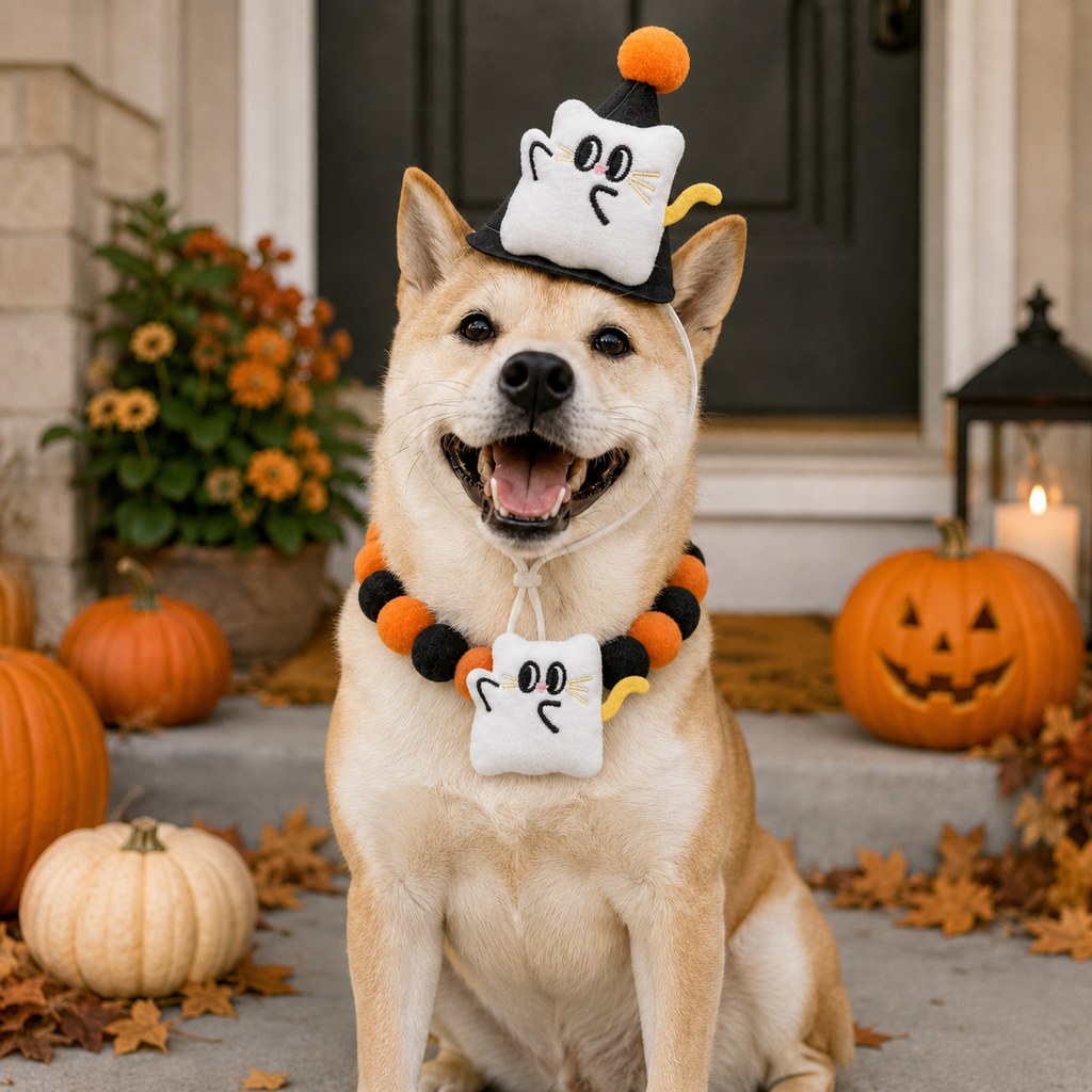 Halloween Pet Hat & Pom-Pom Collar Set for Dogs & Cats