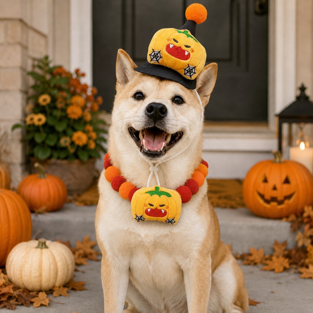 Halloween Pet Hat & Pom-Pom Collar Set for Dogs & Cats
