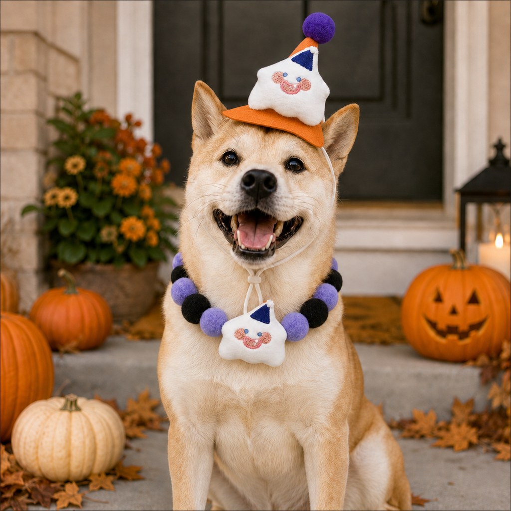 Halloween Pet Hat & Pom-Pom Collar Set for Dogs & Cats