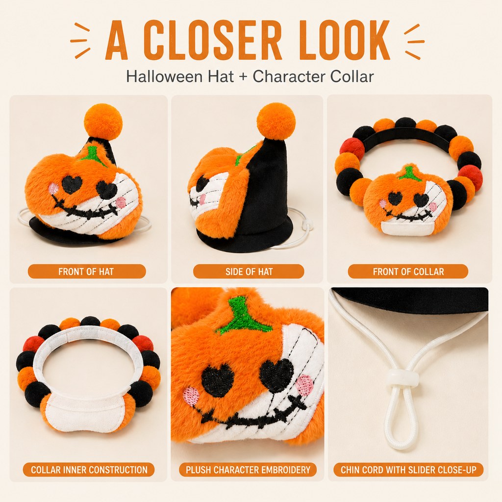 Halloween Pet Hat & Pom-Pom Collar Set for Dogs & Cats