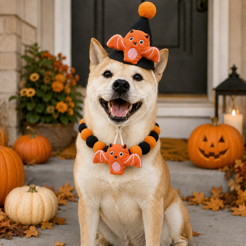 Halloween Pet Hat & Pom-Pom Collar Set for Dogs & Cats